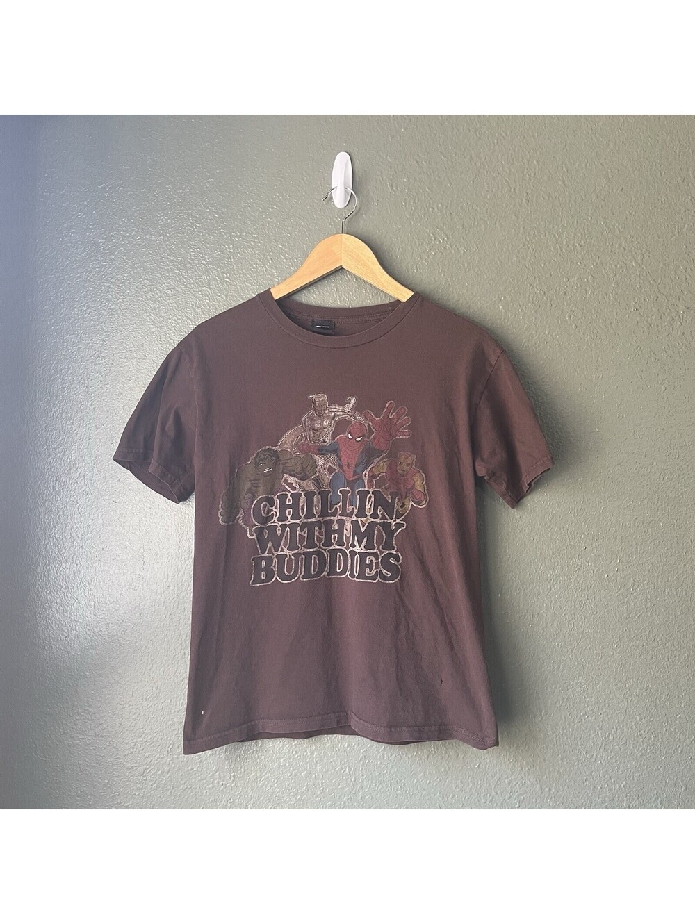 Y2K Marvel T shirt Chillin With My Buddies Spiderman Superhero Brown Vintage XS